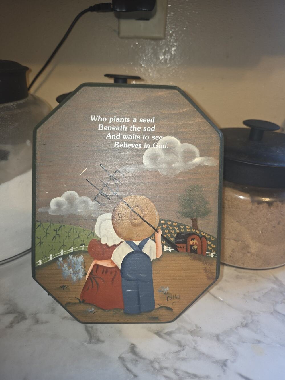 Vtg Folk Art Hand Painted Wood Plaque signed Who Plants A Seed Farming Scene
